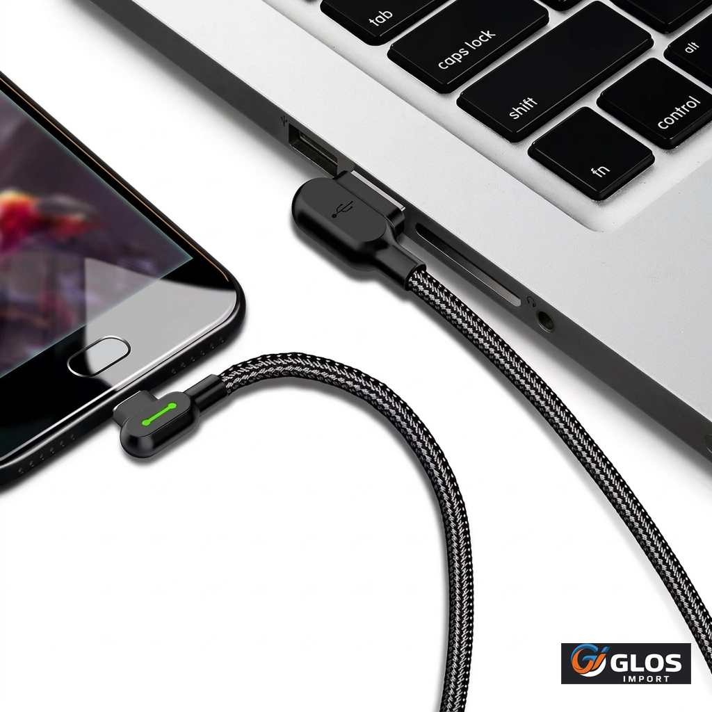 Cable USB Tipo C trenzado con diseño en L para mayor comodidad al cargar.