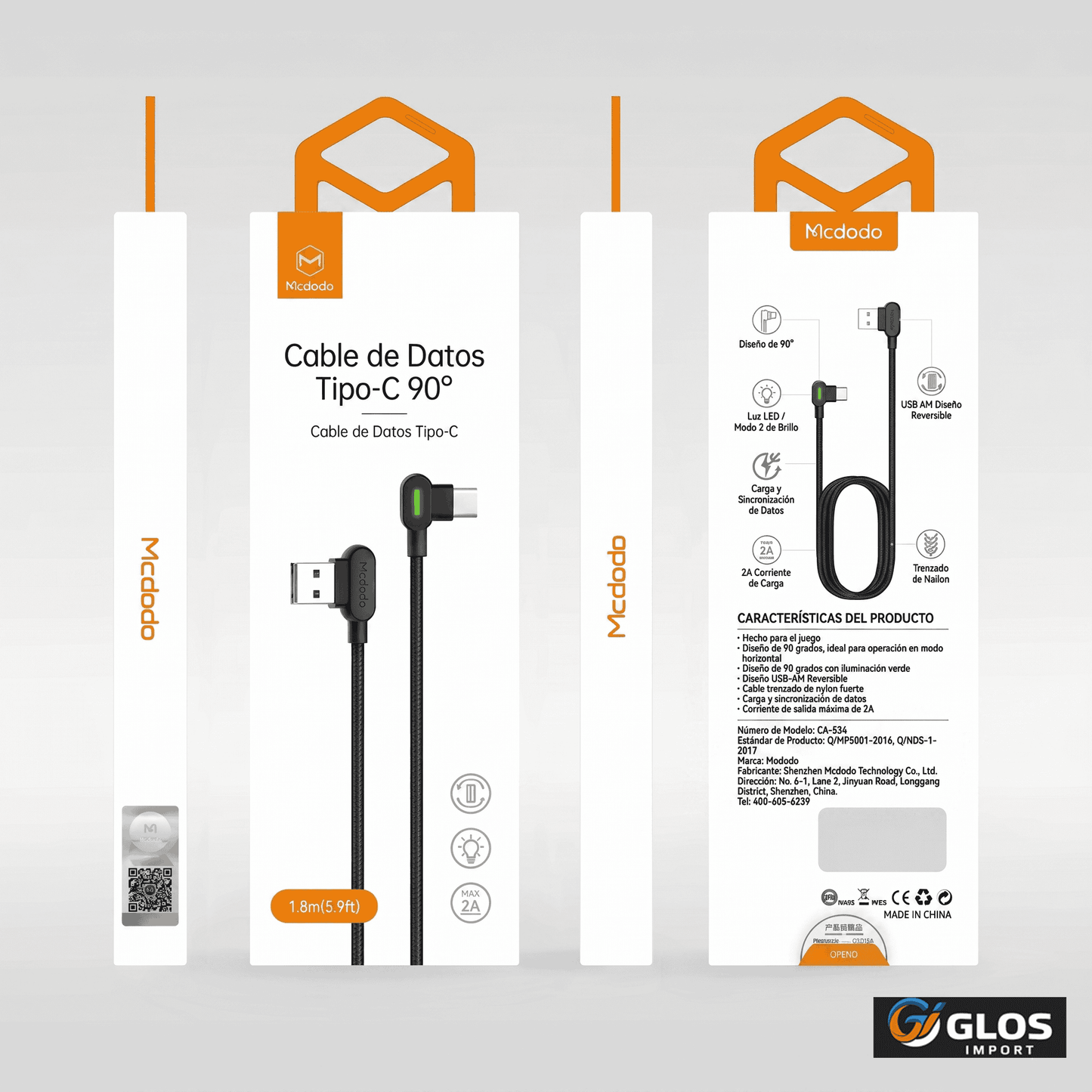 Cable tipo C 90 grados de carga rápida negro.