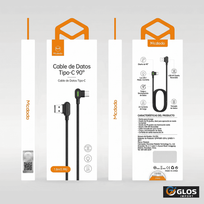 Cable tipo C 90 grados de carga rápida negro.