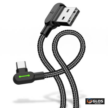 Cable tipo C 90 grados negro para carga rápida y transferencia de datos.
