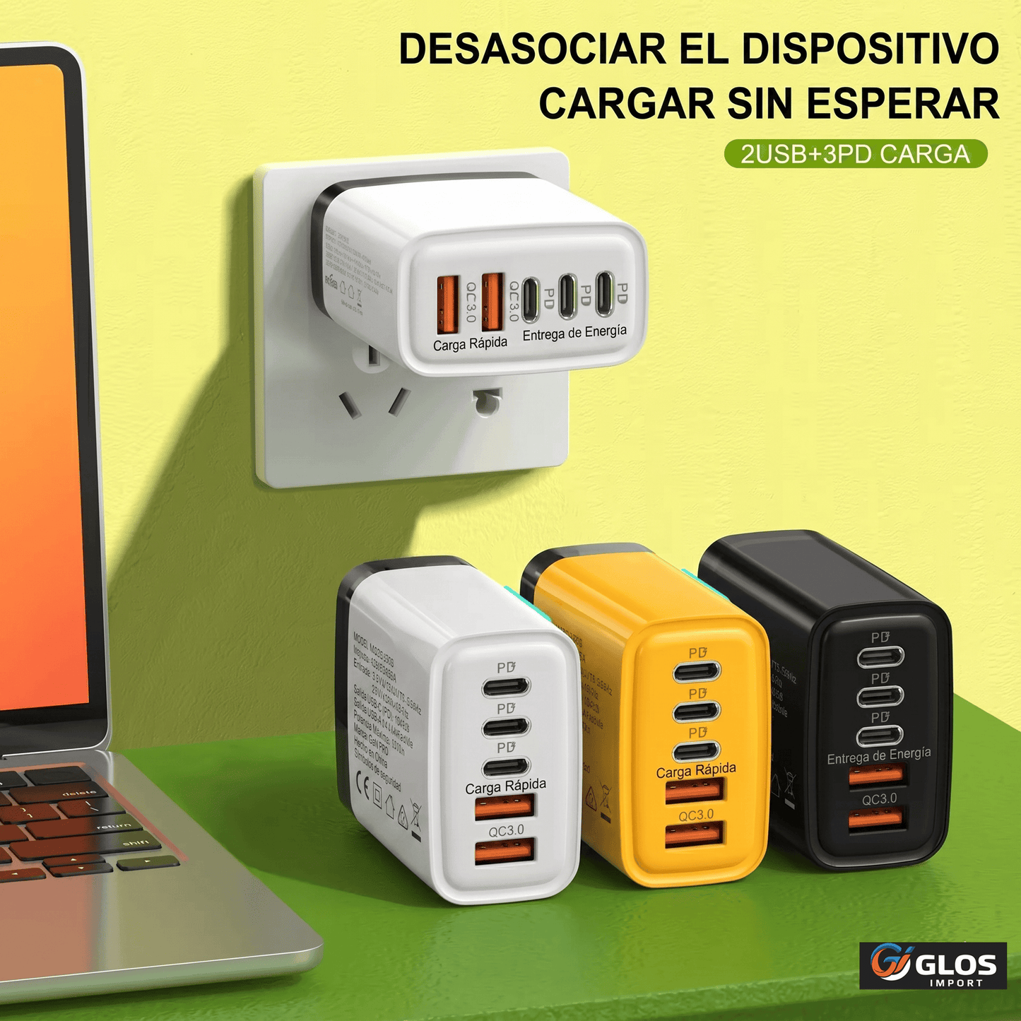 Cargador rápido para varios dispositivos con diseño seguro.