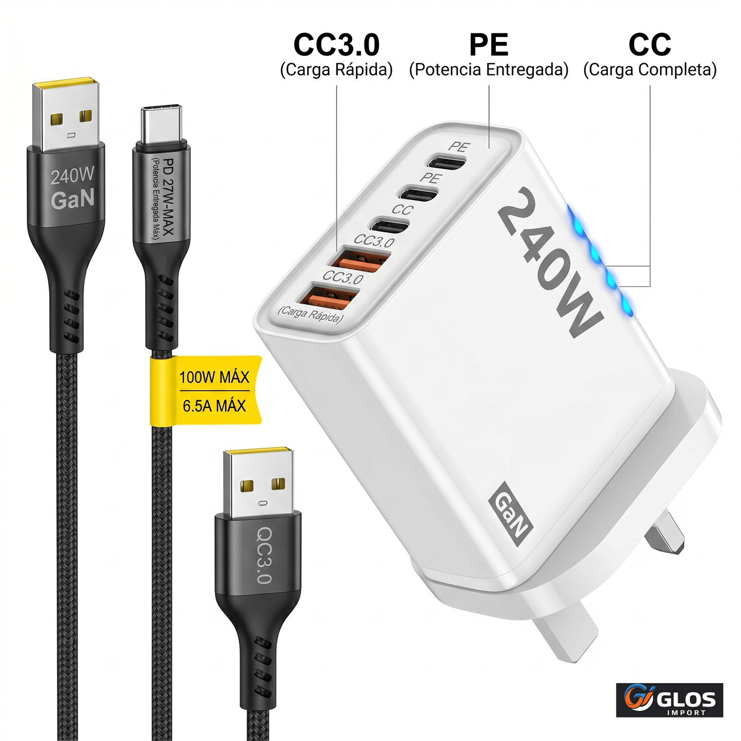 Cargador rápido USB C de 240W con 5 puertos para varios dispositivos.