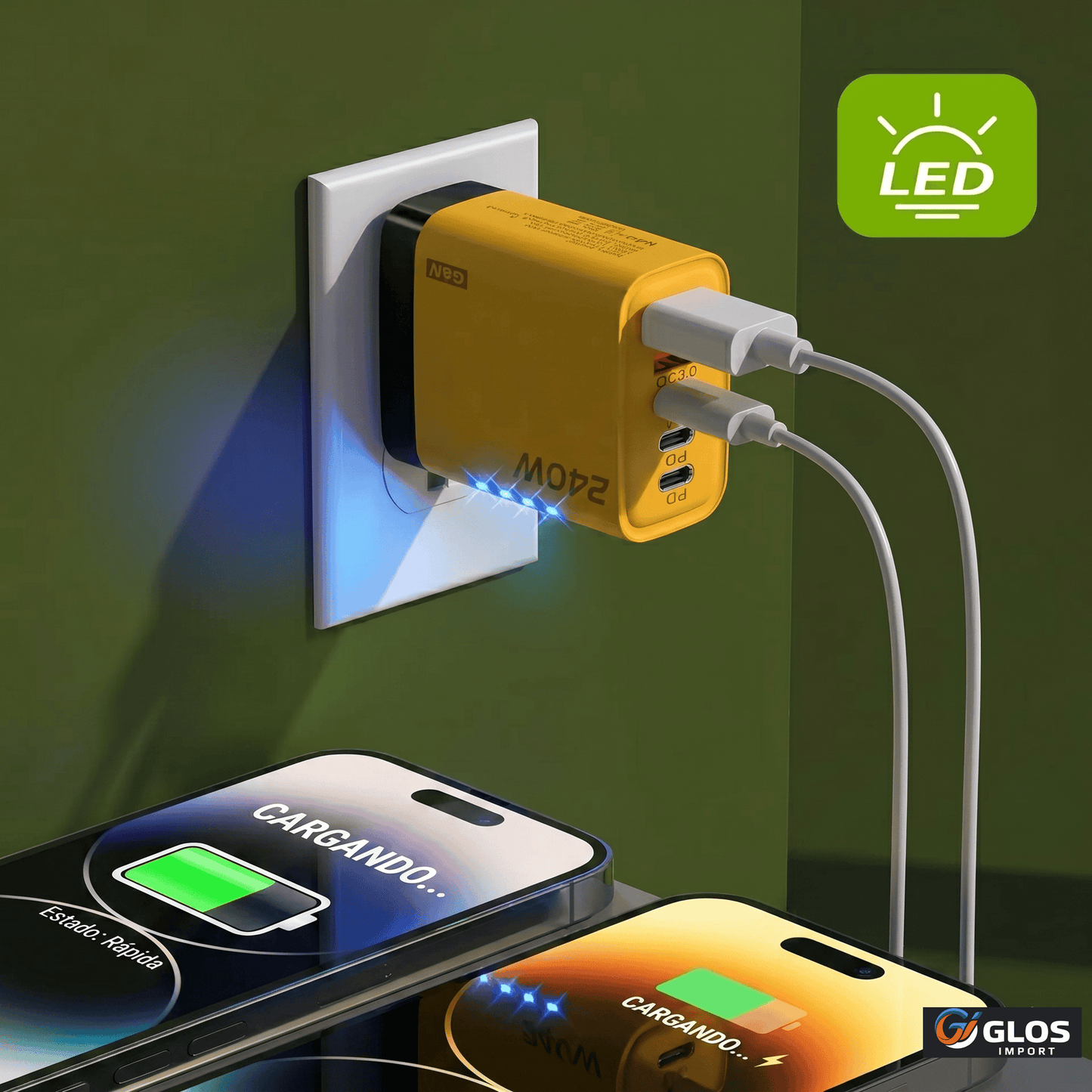 Cargador rápido USB C de 240W con 5 puertos multipuerto.