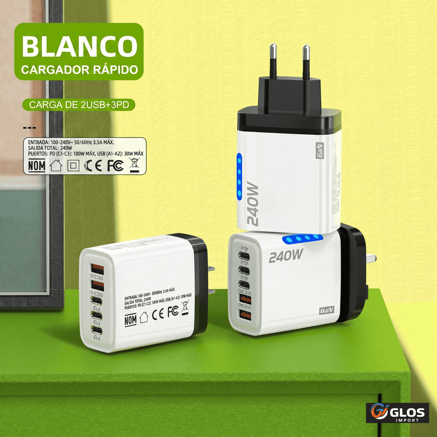 Cargador de pared 240W con tecnología PD y QC 3.0.