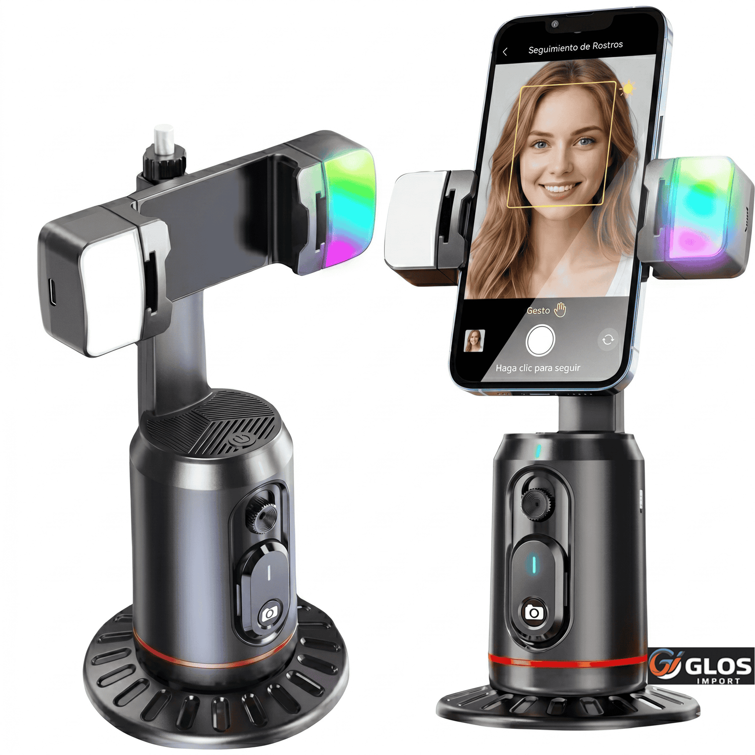Trípode estabilizador portátil con luz integrada para videos.