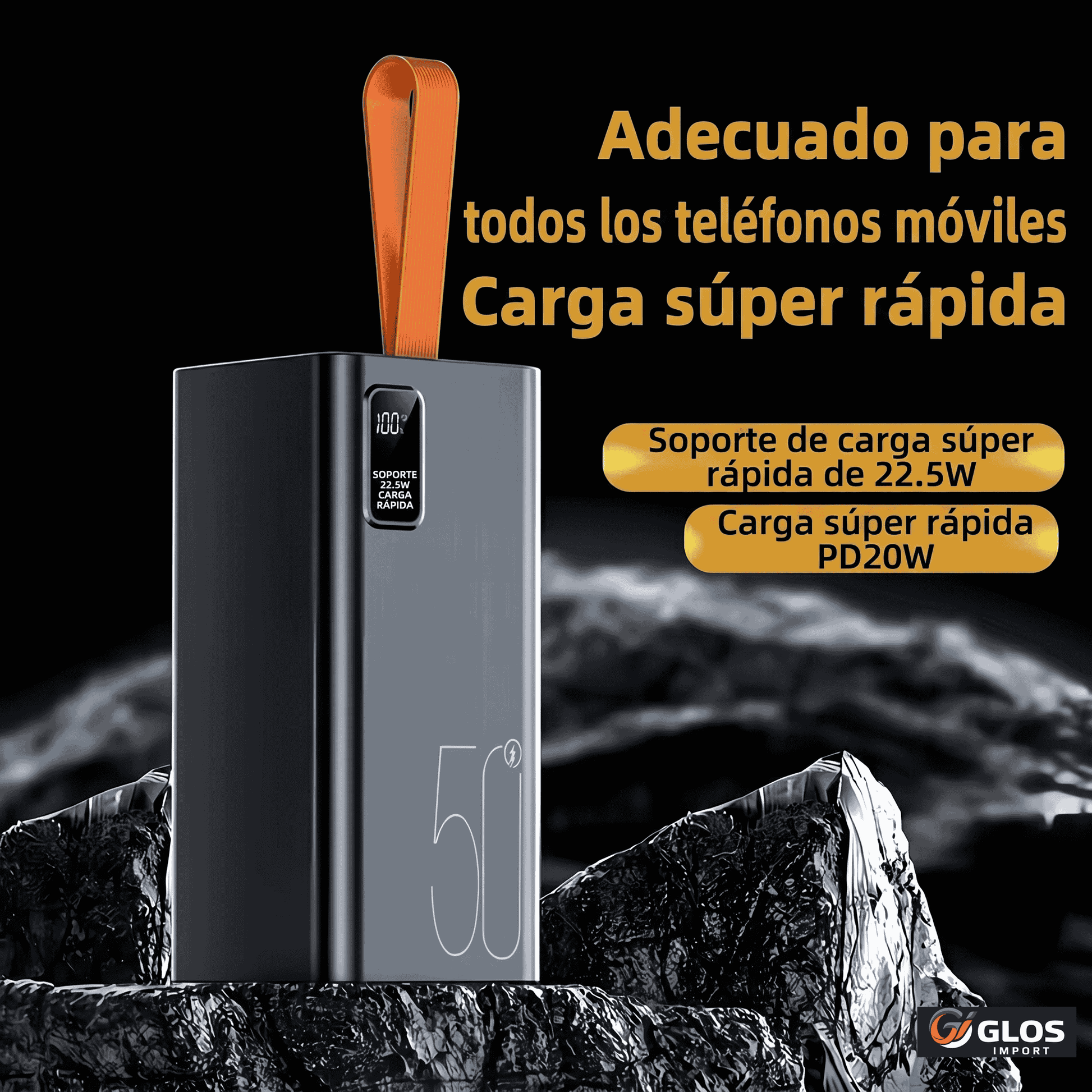 Power bank grande y resistente con salida de carga rápida.