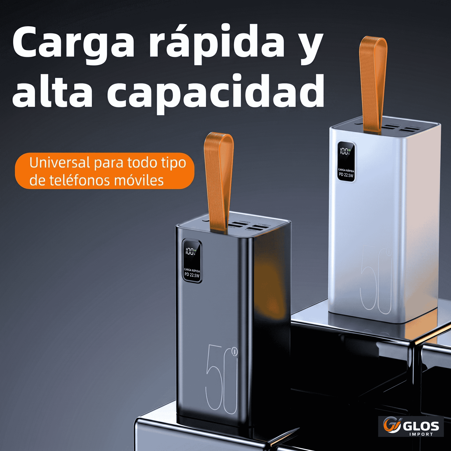 Power bank 50000mAh de carga rápida con pantalla LED y múltiples puertos.