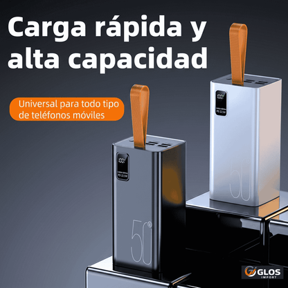 Power bank 50000mAh de carga rápida con pantalla LED y múltiples puertos.